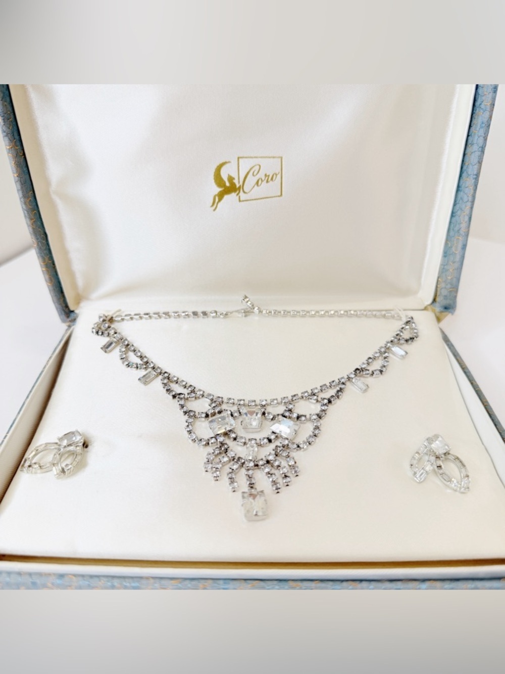 Vintage Signed Coro Rhinestone Necklace Earrings Set Baguette Clip On 50s Glam